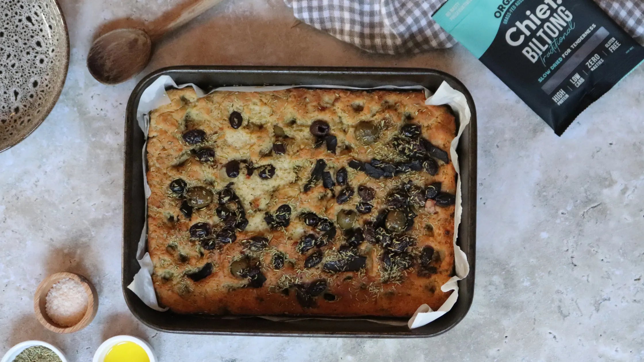 Gluten-free Olive, Rosemary & Biltong Focaccia - Chief Nutrition