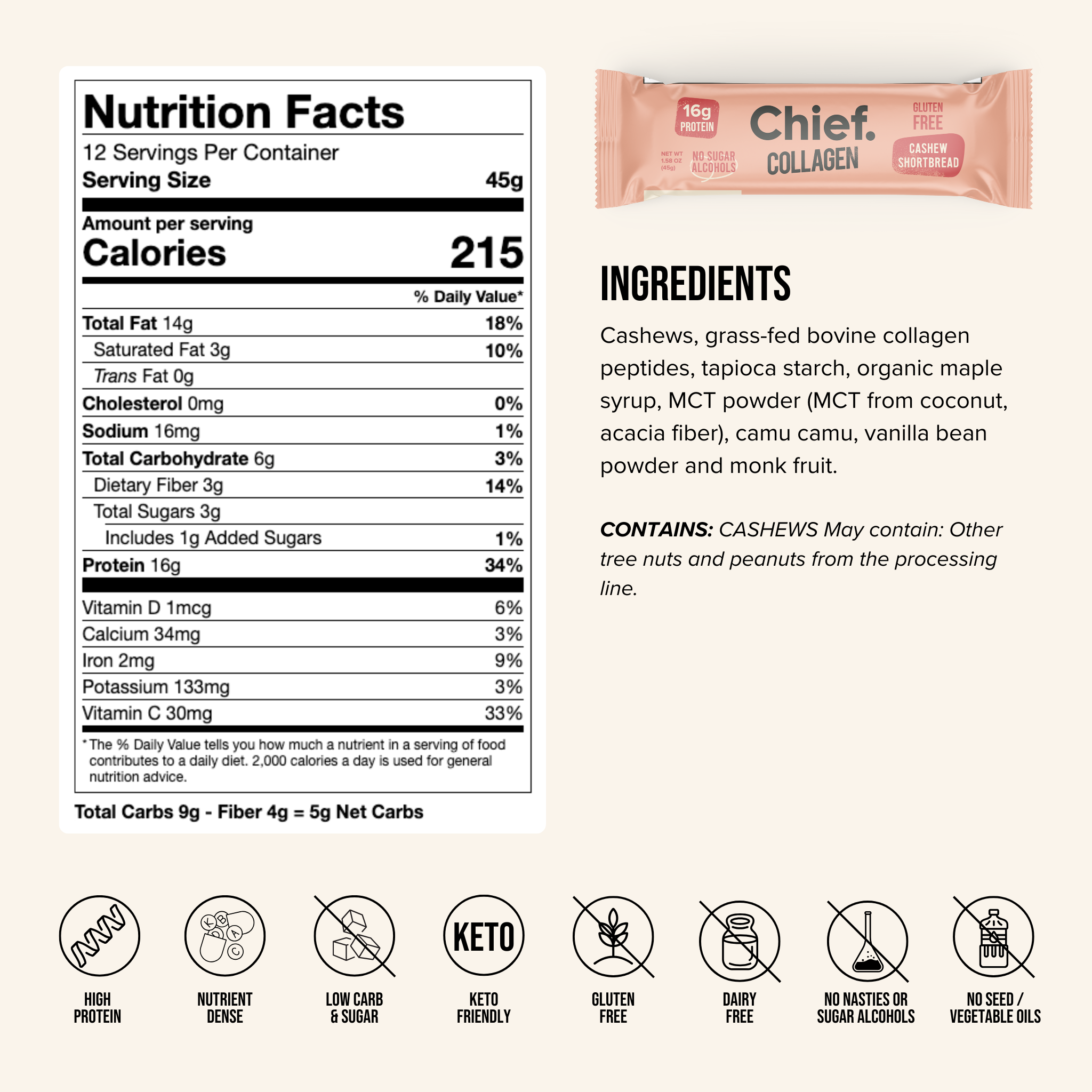Collagen Protein Bar - Cashew Shortbread (12 bars)