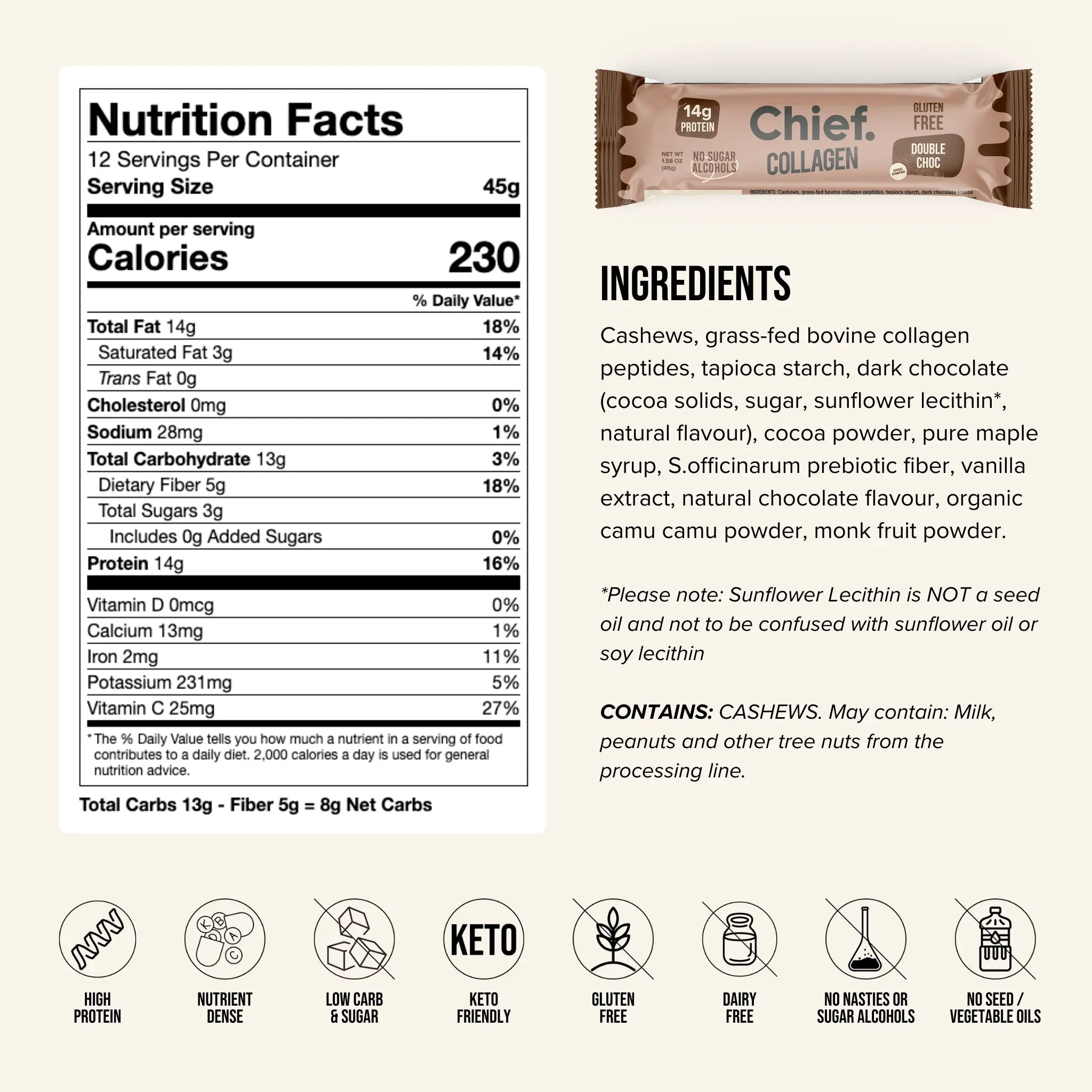 Collagen Protein Bar - Double Choc (12 bars) Collagen Bar Chief Nutrition