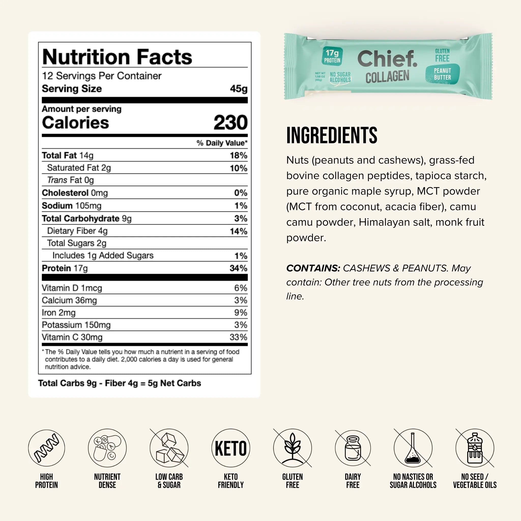 Collagen Protein Bar - Peanut Butter (12 bars) Collagen Bar Chief Nutrition