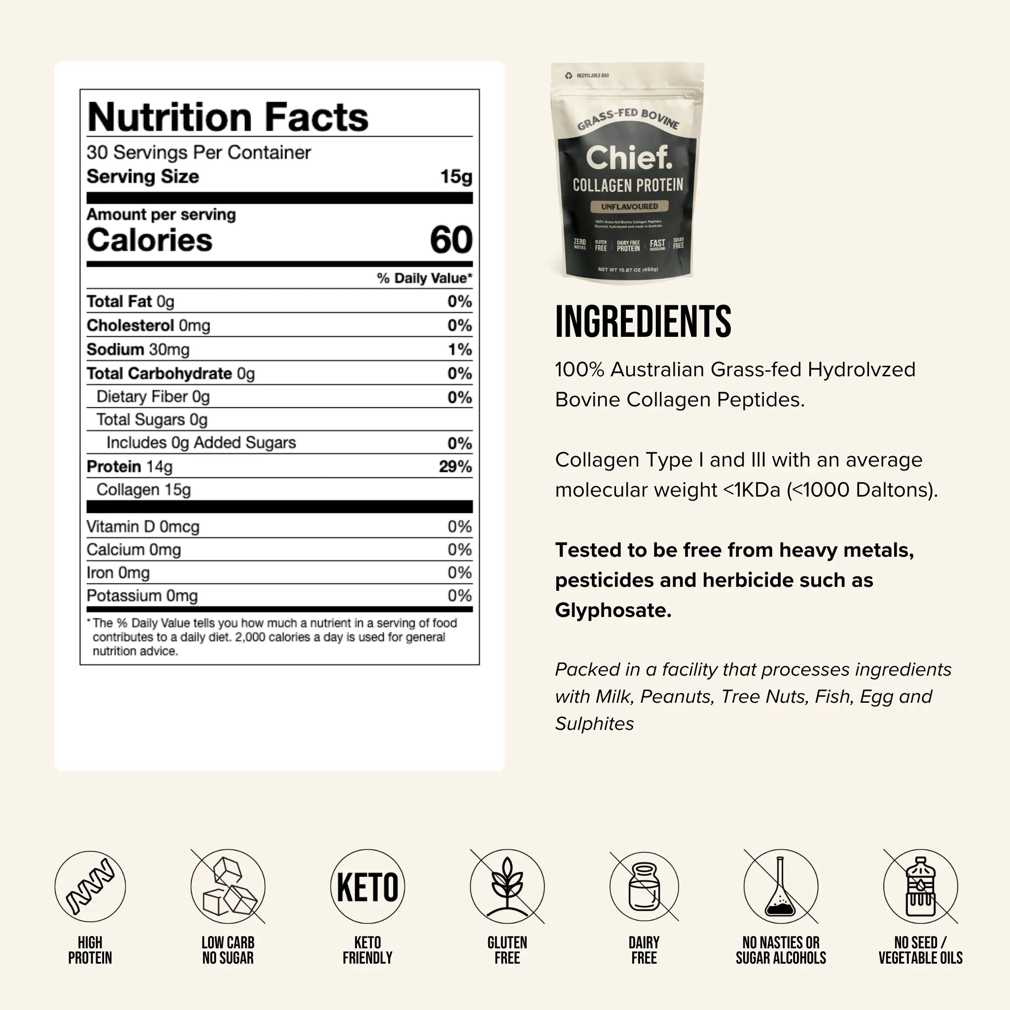 Collagen Protein Powder - Unflavored (30 serves) Supplements Chief Nutrition